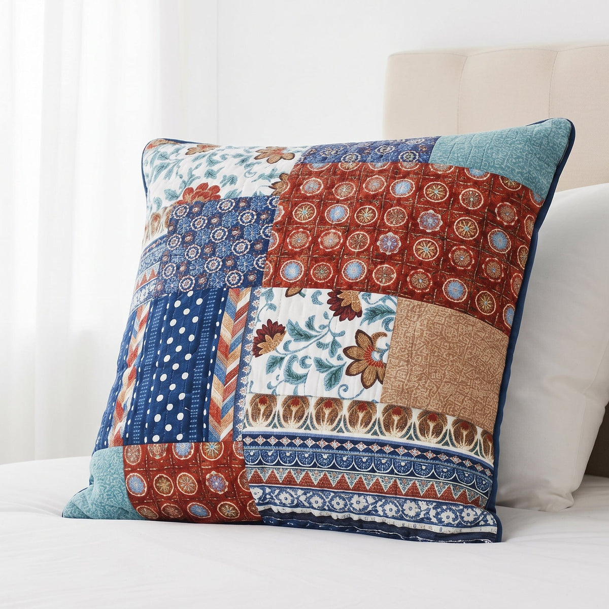real Colorful patchwork pillow 26x 26 euro sham on a white bed