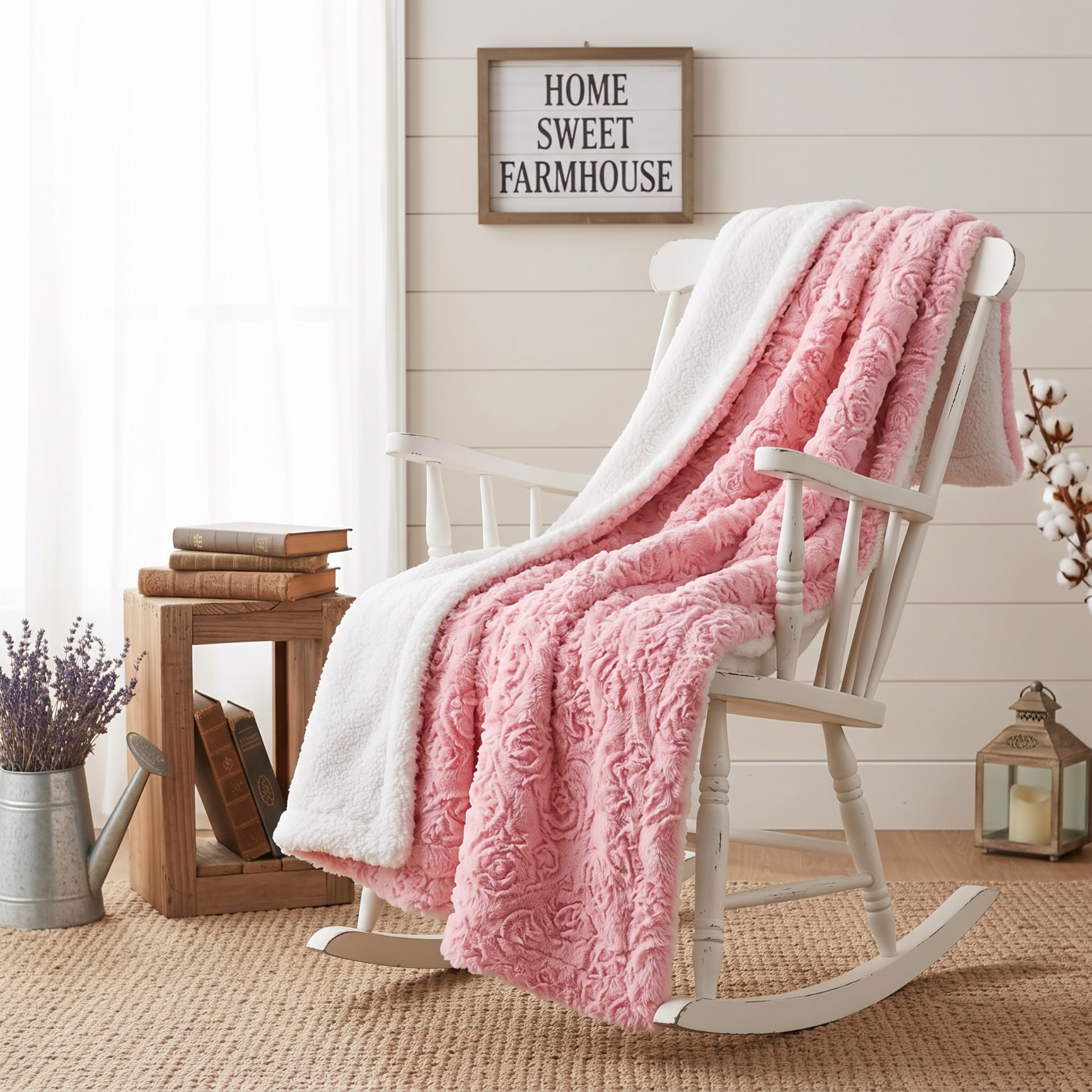 DaDa Bedding Luxury Blossom Pink Rose Buds Pink Sherpa Backside Faux Fur Throw Blanket (BL-171752)