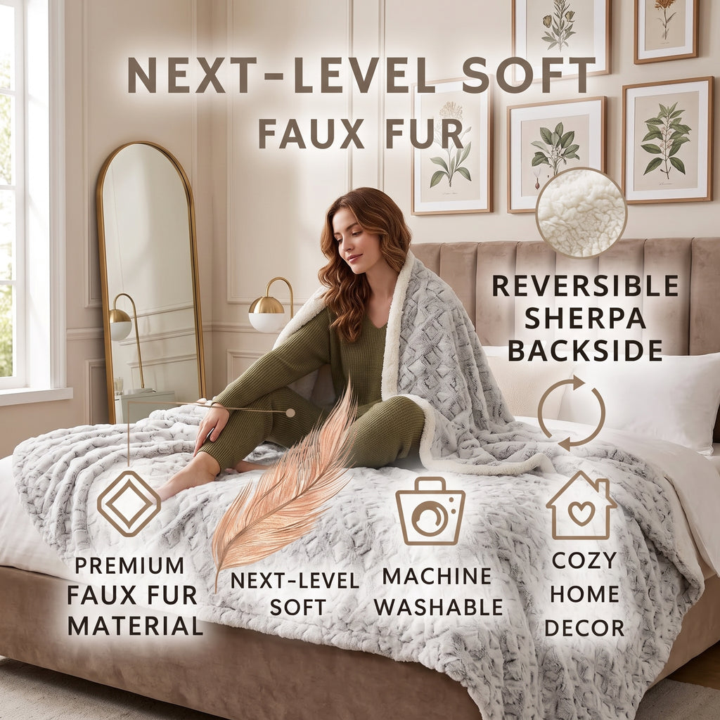 A woman sits on a bed wrapped in a plush faux fur throw blanket in a styled bedroom. The image includes marketing text highlighting the blanket's softness, sherpa reversible backside, premium faux fur material, machine washability, and cozy home decor appeal.