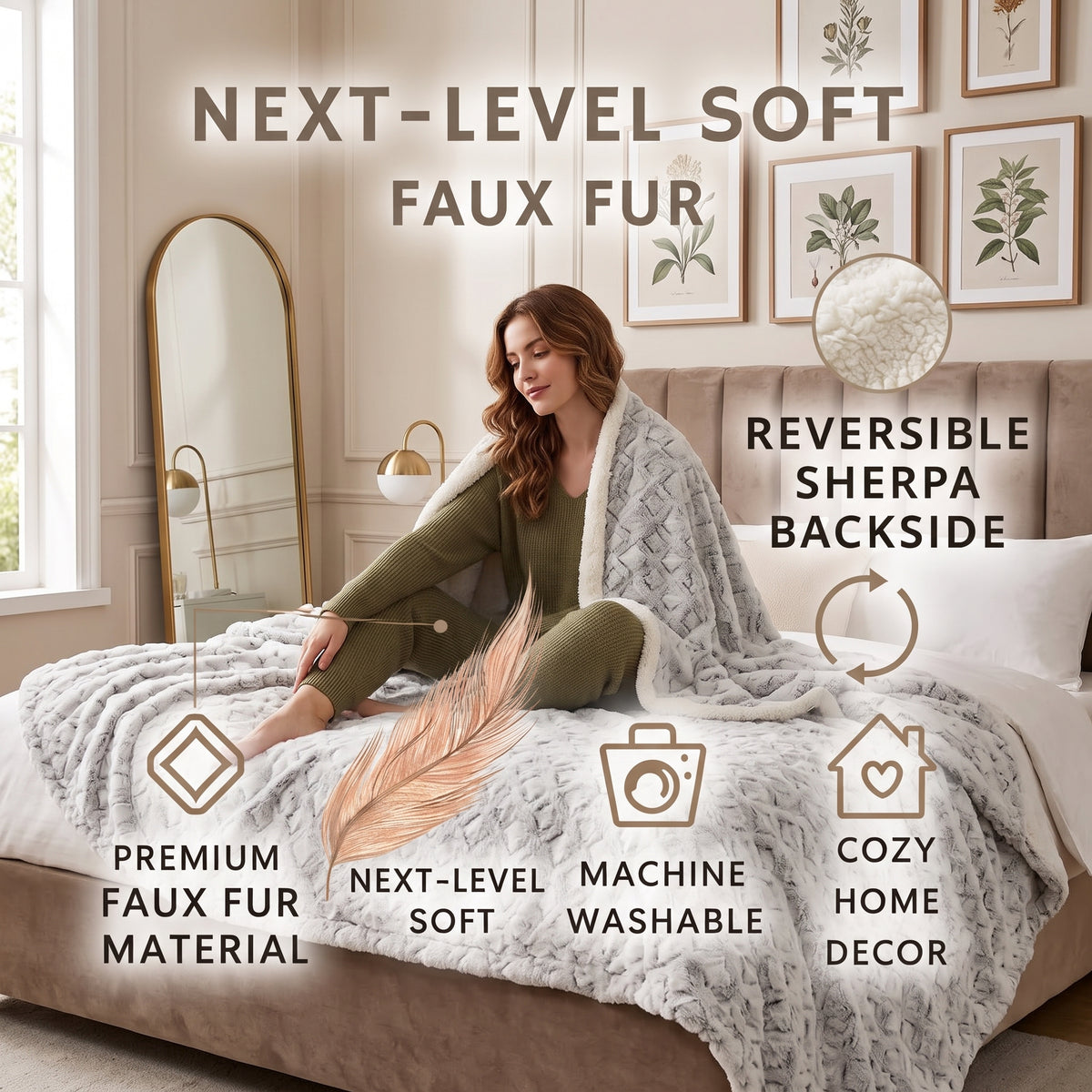 A woman sits on a bed wrapped in a plush faux fur throw blanket in a styled bedroom. The image includes marketing text highlighting the blanket's softness, sherpa reversible backside, premium faux fur material, machine washability, and cozy home decor appeal.