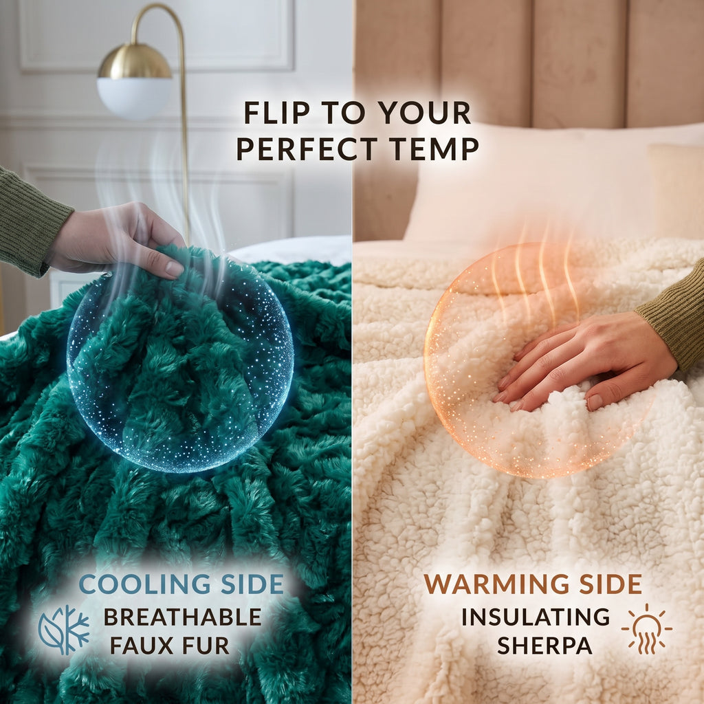 A split-screen comparison of a plush faux fur blanket showing its cooling and warming properties. The left side shows a hand flipping a switch on a green blanket, with a blue glowing graphic indicating breathable cooling.