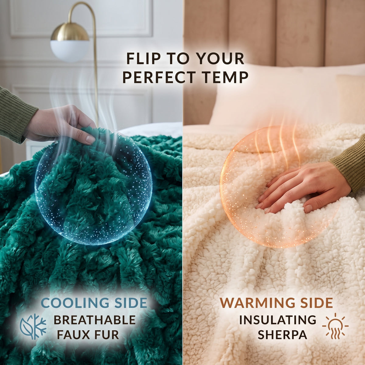 A split-screen comparison of a plush faux fur blanket showing its cooling and warming properties. The left side shows a hand flipping a switch on a green blanket, with a blue glowing graphic indicating breathable cooling.