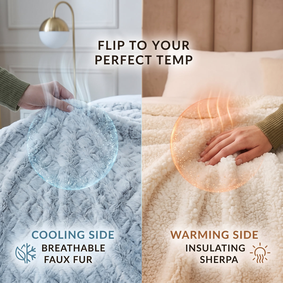 A split-screen comparison of a reversible bedding blanket showing its two sides: a cool light blue textured faux fur side labeled 'COOLING SIDE' and a warm cream sherpa side labeled 'WARMING SIDE'. A hand is shown lifting the blue side with steam graphics, and another hand rests on the cream side with heat wave graphics.
