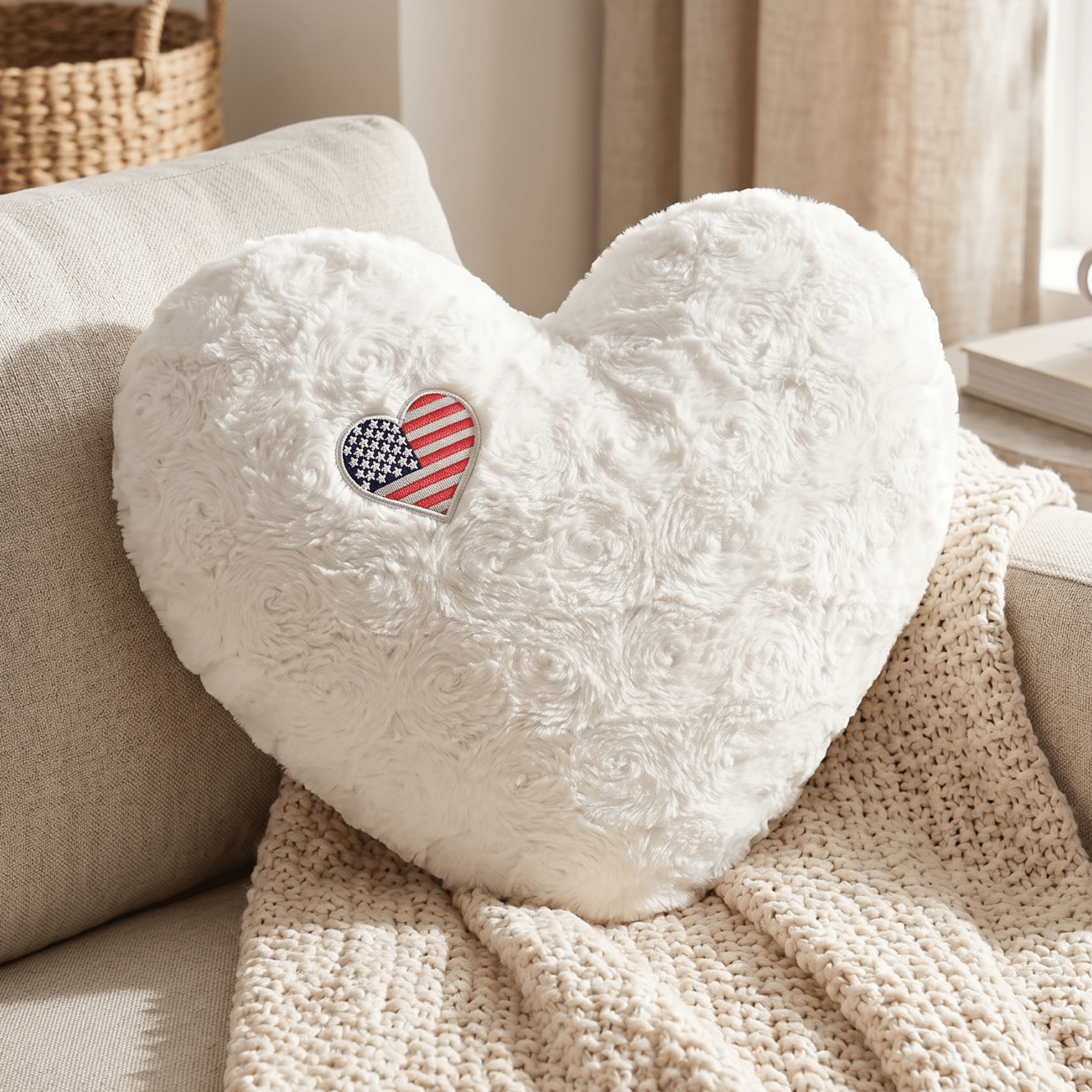 DaDa Bedding Collection Handmade in USA Faux Fur and Sherpa Heart Pillow - Cozy & Decorative Cushion with USA Flag Design - Made in USA - Perfect for Home Decor & Patriotic 4th of July Decor