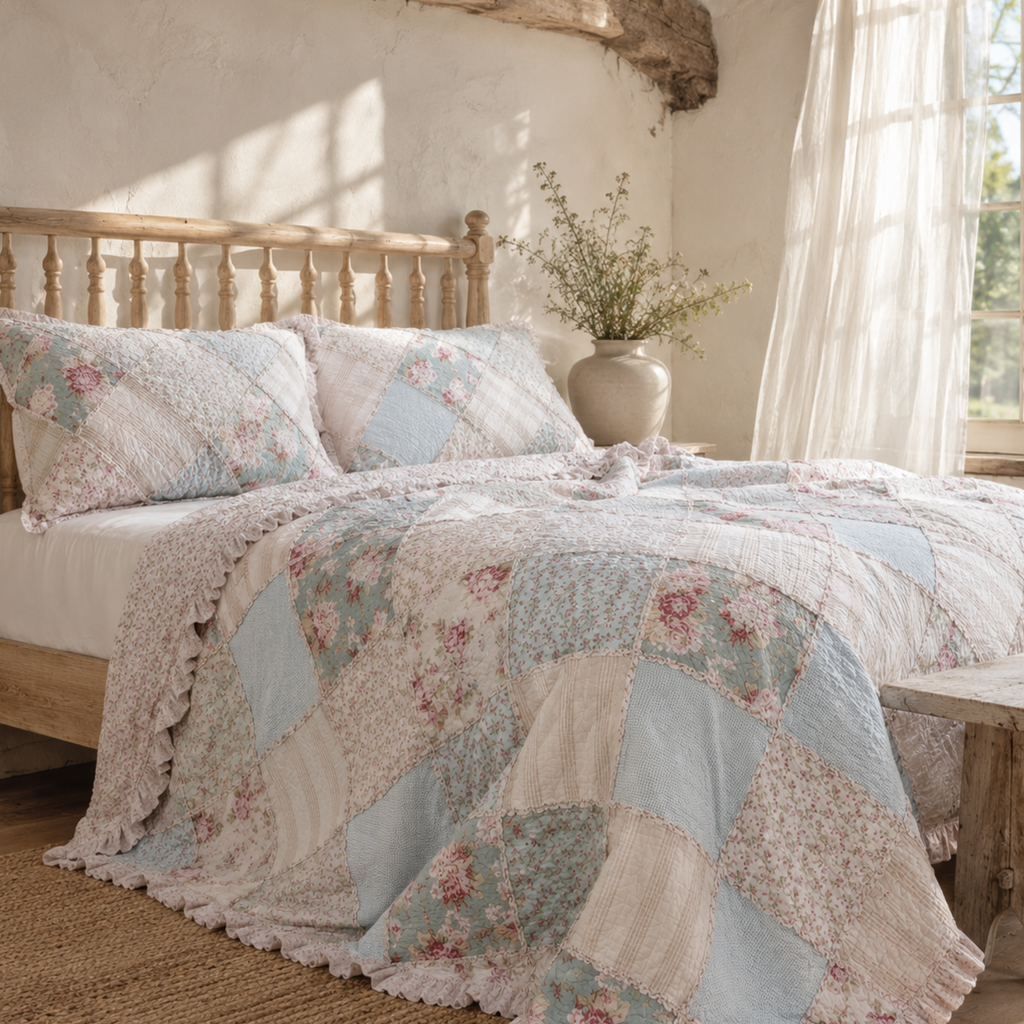A bohemian-style patchwork quilted bedspread with matching pillow shams on a wooden bed in a rustic, sunlit bedroom.