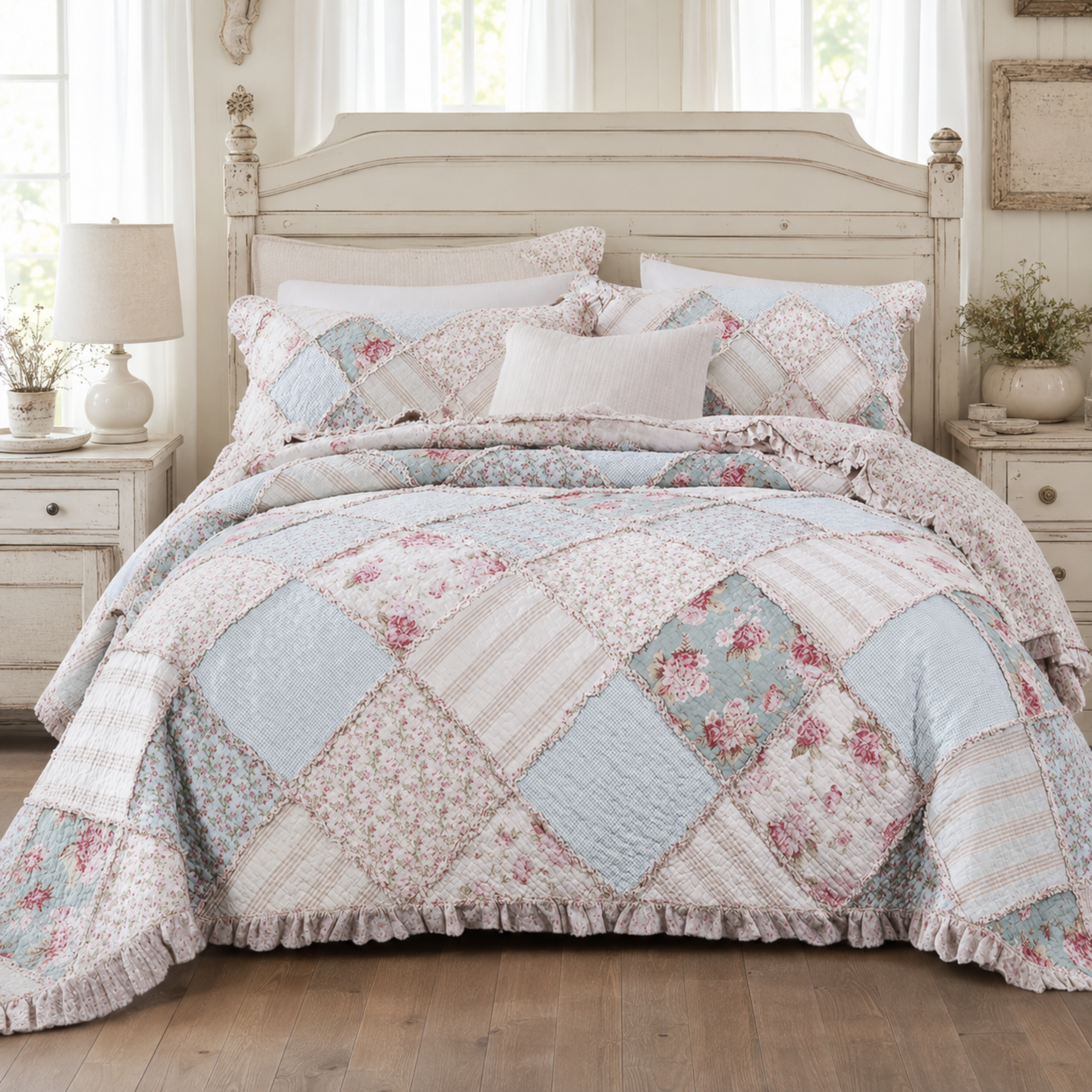 A patchwork quilted comforter set in a bedroom, featuring light blue, pink floral, and striped diamond panels with a ruffled edge, styled on a bed with a distressed cream headboard and matching nightstands. 
