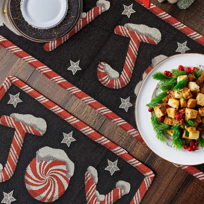 DaDa Bedding Peppermint Joy Red Black Holiday Tapestry Dining Table Runner (12904) - DaDa Bedding Collection