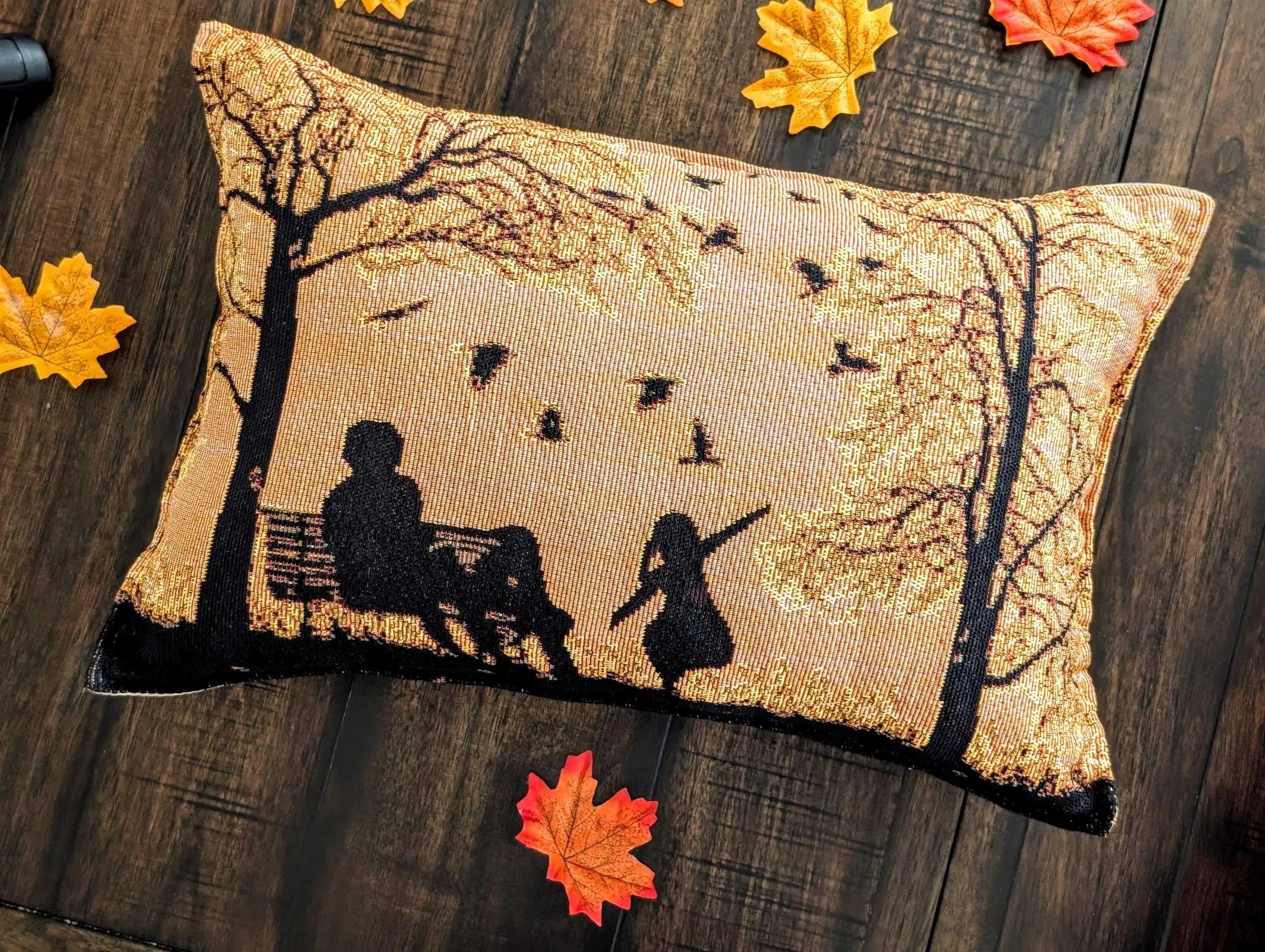 Handmade Tapestry Lumbar Pillow – Rustic Autumn Silhouette, 12x19