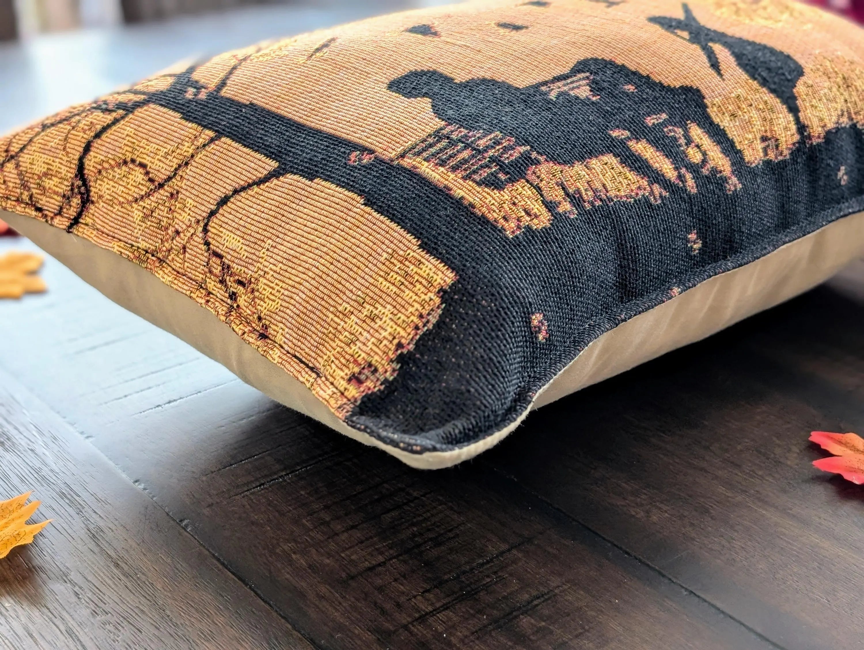 Handmade Tapestry Lumbar Pillow – Rustic Autumn Silhouette, 12x19