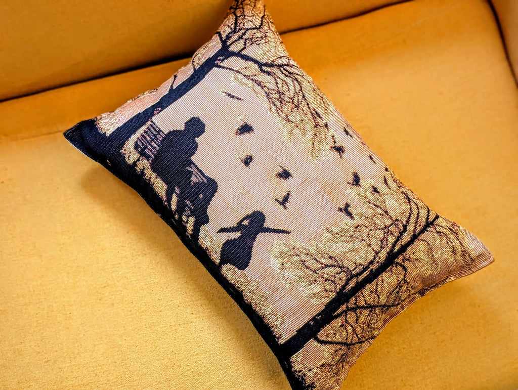 Handmade Tapestry Lumbar Pillow – Rustic Autumn Silhouette, 12x19
