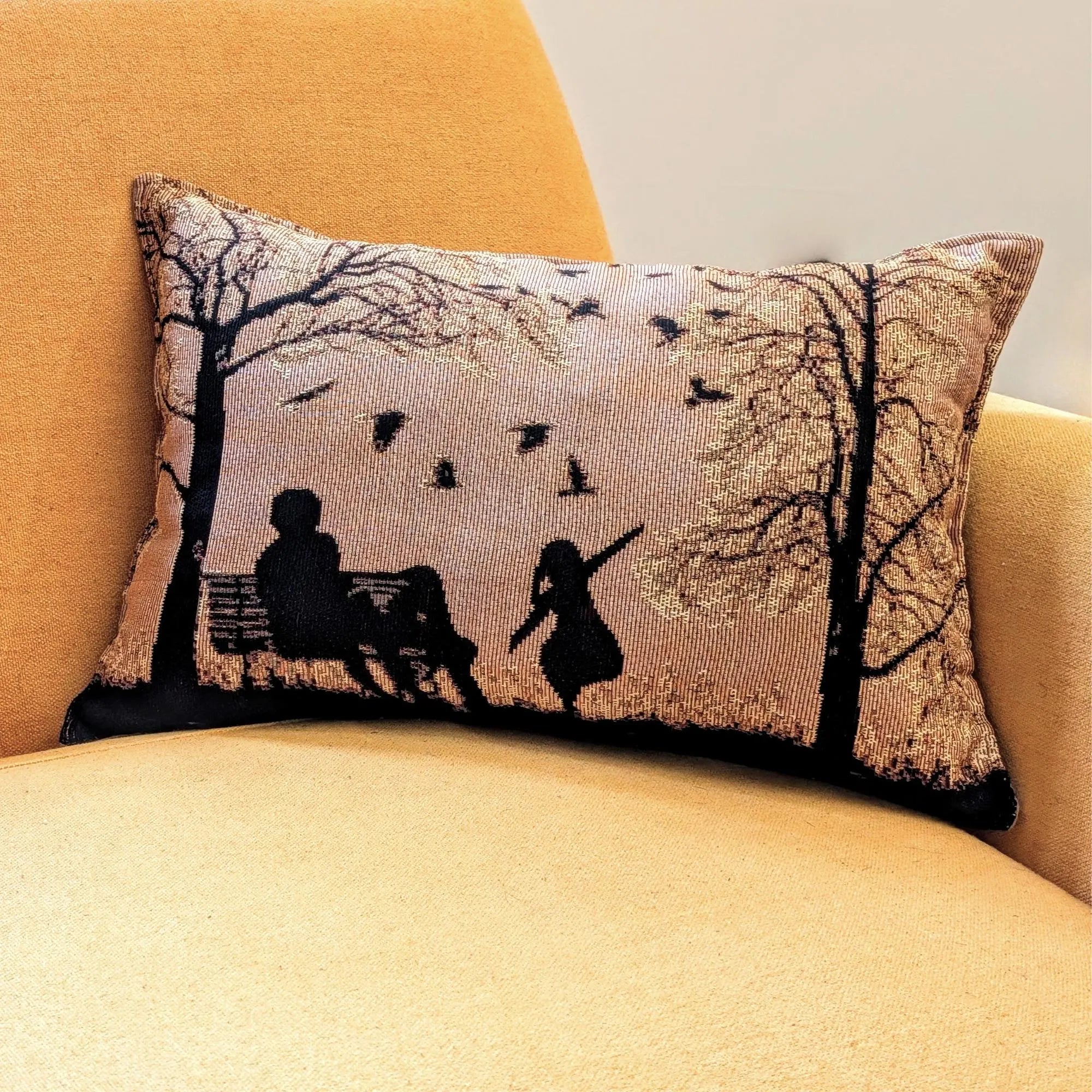 Handmade Tapestry Lumbar Pillow – Rustic Autumn Silhouette, 12x19