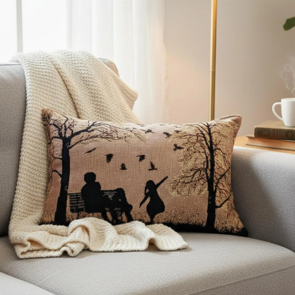 Handmade Tapestry Lumbar Pillow – Rustic Autumn Silhouette, 12x19
