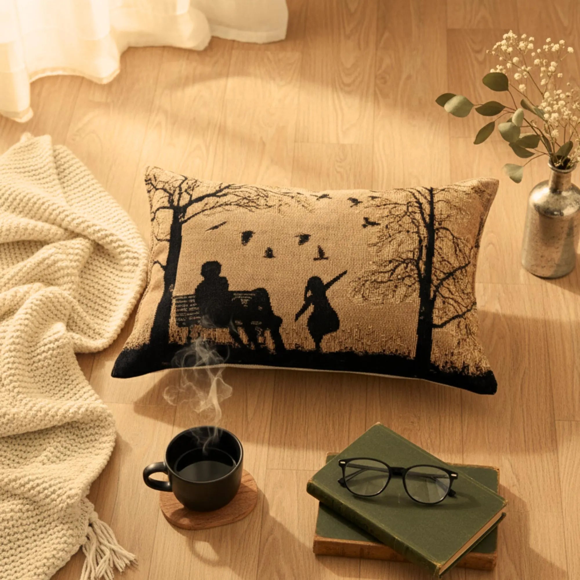 Handmade Tapestry Lumbar Pillow – Rustic Autumn Silhouette, 12x19