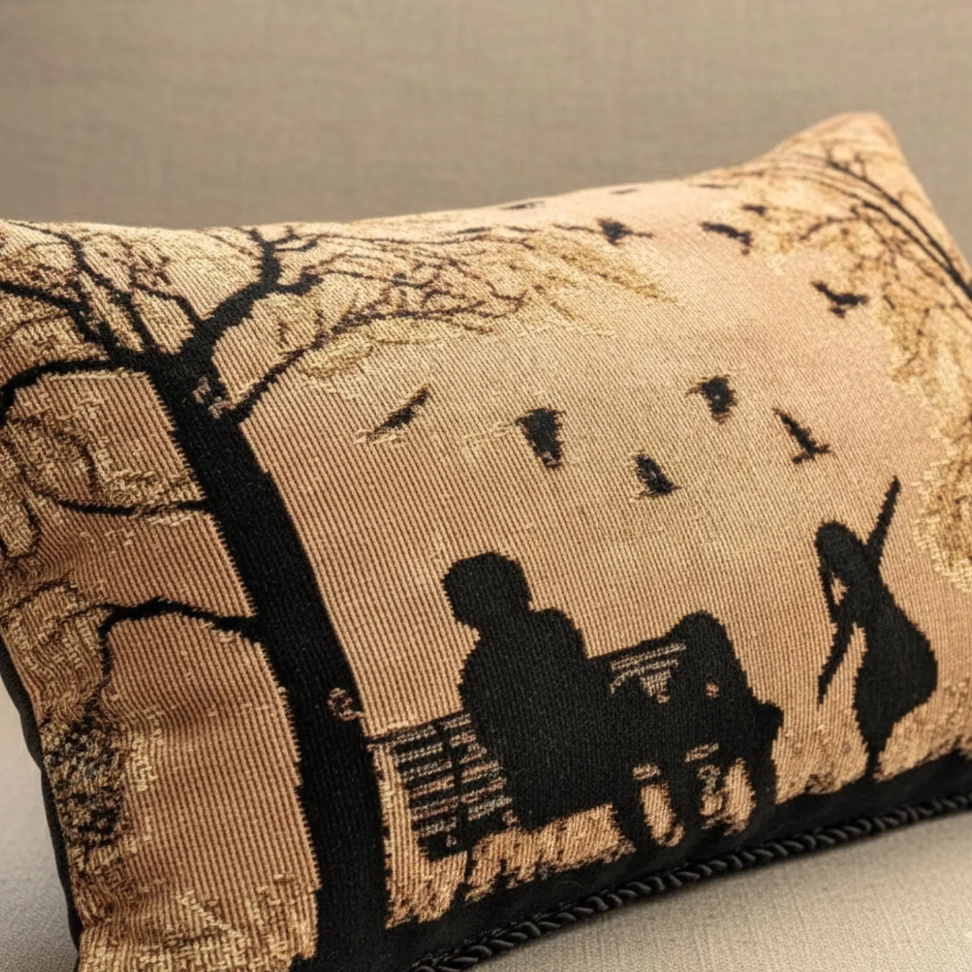 Handmade Tapestry Lumbar Pillow – Rustic Autumn Silhouette, 12x19