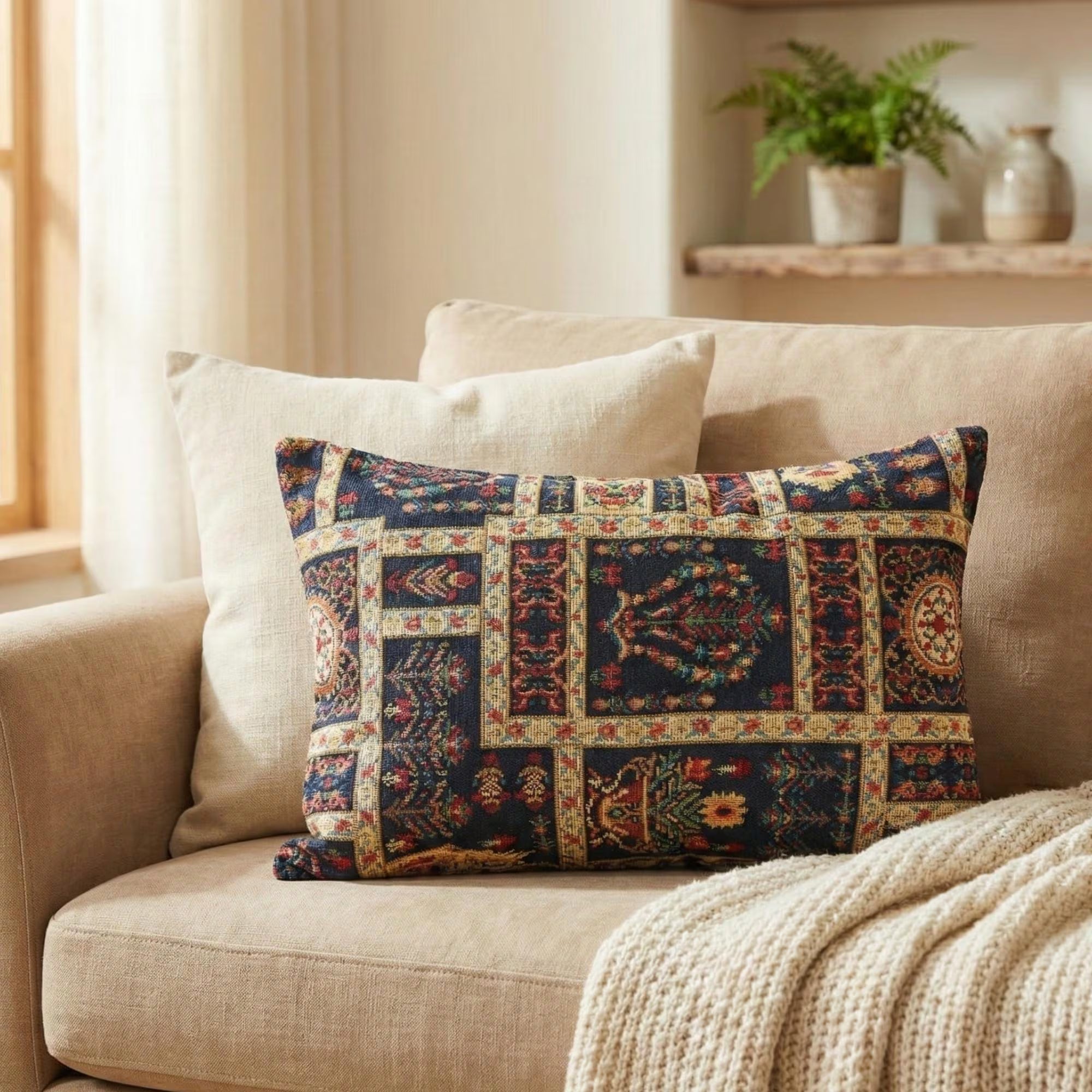 Handmade Persian Kilim Lumbar Pillow: Vintage Boho Decor (19x12")