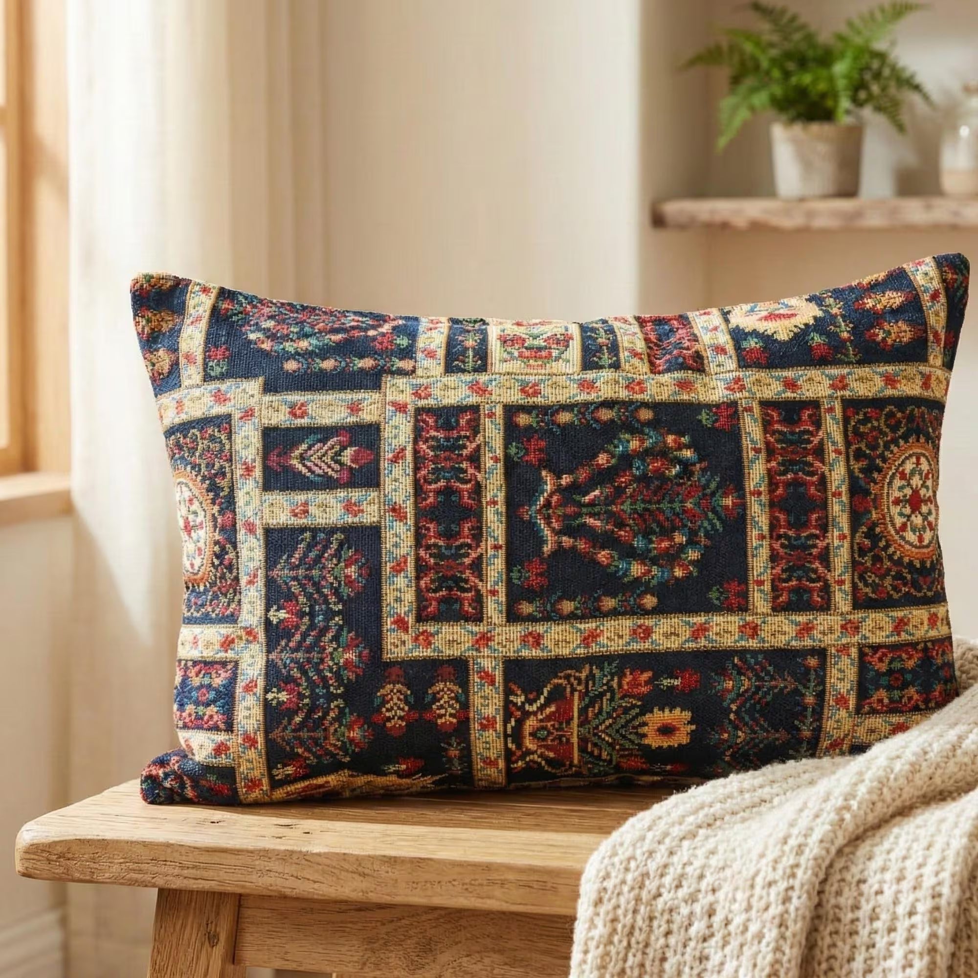 Handmade Persian Kilim Lumbar Pillow: Vintage Boho Decor (19x12")