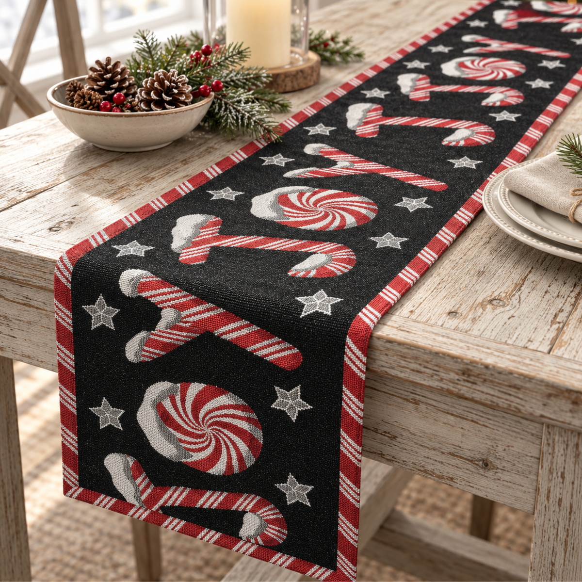 DaDa Bedding Peppermint Joy Red Black Holiday Tapestry Dining Table Runner (12904)