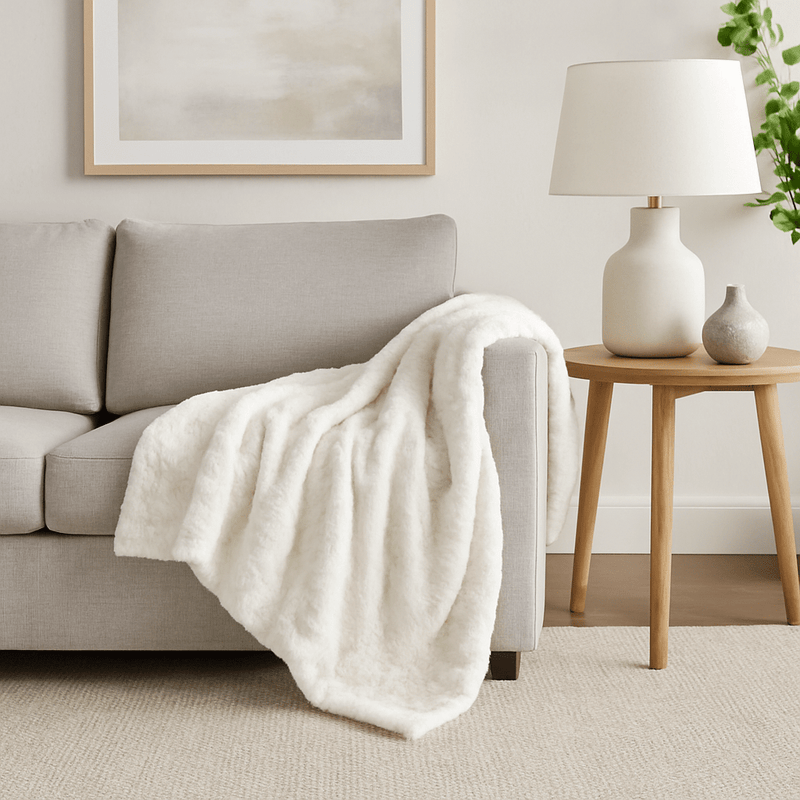 White faux fur white blanket with sherpa draped over a gray sofa in a living room with a lamp and side table.
