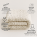 Folded white luxury faux fur blanket with text highlighting features machine washable super soft non shedding and animal cruelty free on a light gray background