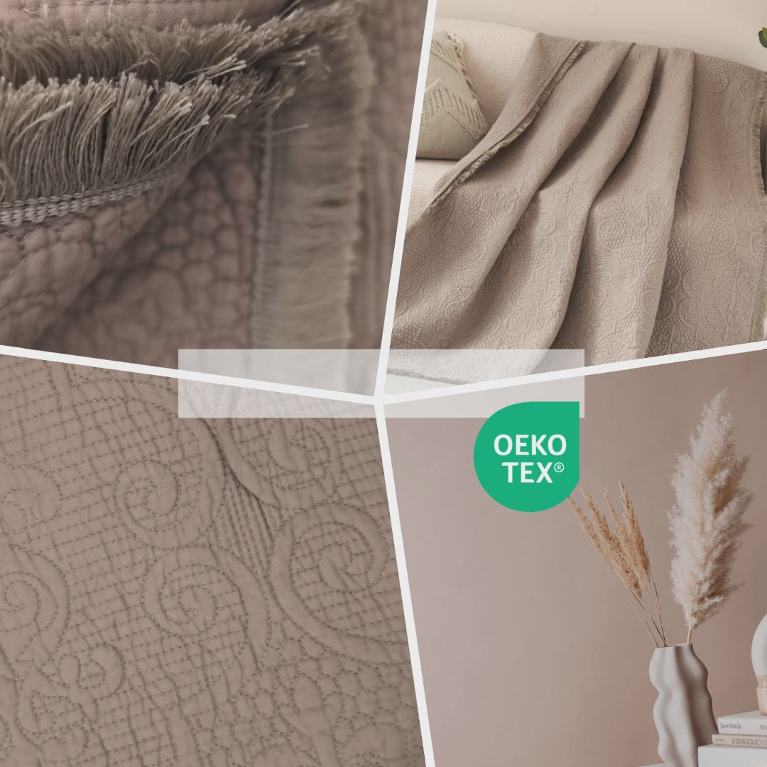 DaDa Bedding Elegant Fringed Cotton Quilted Throw Blanket - Luxurious Solid Soft Paisley Pattern, Cozy Lightweight Lap Throw, Perfect for Couch or Bed, Neutral Sandy Taupe Tan Beige, 50x60 Inches