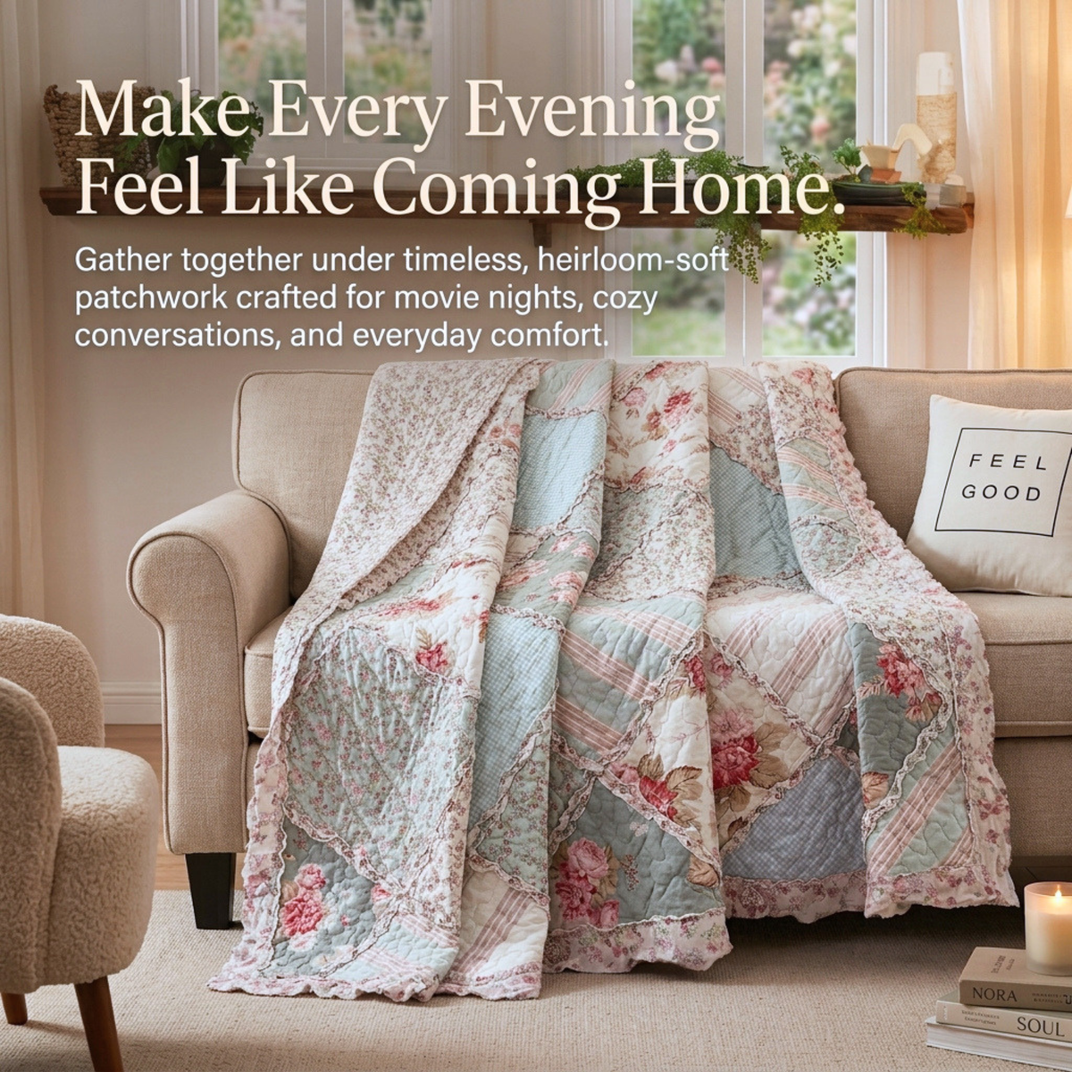 DaDa Bedding Cotton Cottage Floral Patchwork Quilted Throw Blanket - Reversible Hint of Mint - Ruffle Pastel Light Pink Blue/Green - 50 x 60