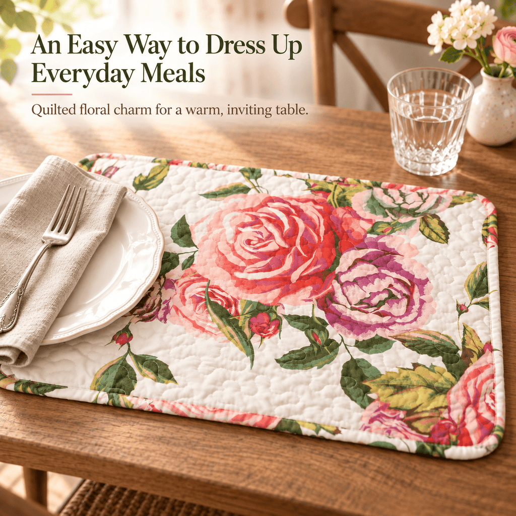Set of 4-Pieces Romantic Roses Pink Floral Quilted Dining Placemats 13” x 19”