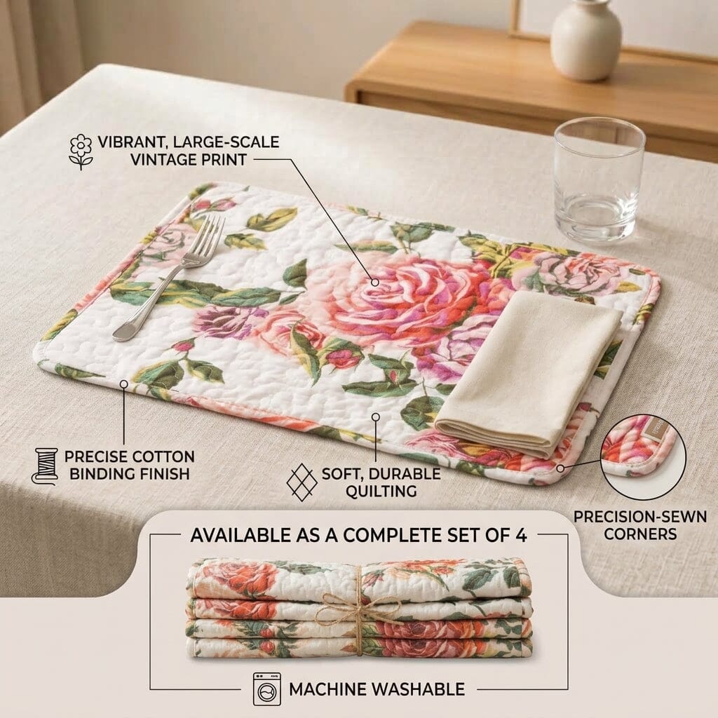 Set of 4-Pieces Romantic Roses Pink Floral Quilted Dining Placemats 13” x 19”