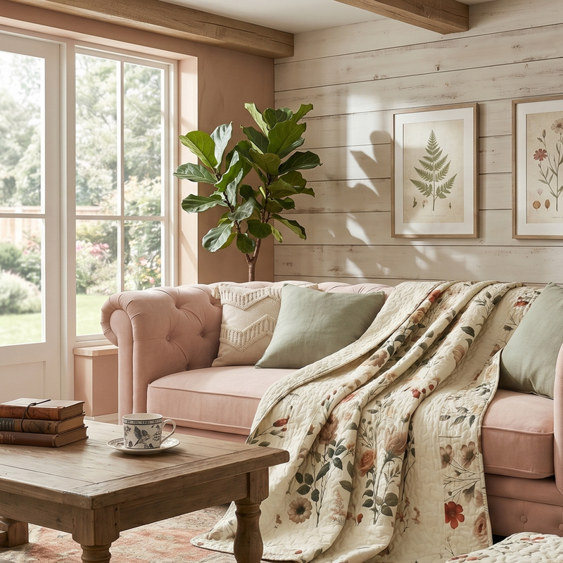 DaDa Bedding Collection Enchanted Meadow Reversible Floral Cozy Lightweight Lap Throw - Perfect for Couch or Bed, Beige Victorian Garden Pallete, All-Season Comfort, Machine Washable, 50x60 Inches