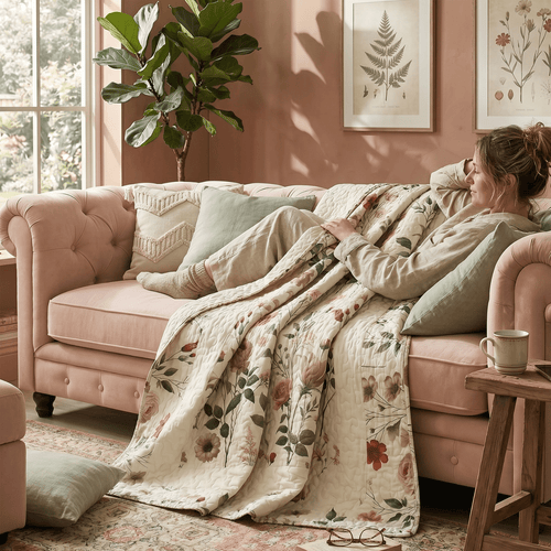 DaDa Bedding Collection Enchanted Meadow Reversible Floral Cozy Lightweight Lap Throw - Perfect for Couch or Bed, Beige Victorian Garden Pallete, All-Season Comfort, Machine Washable, 50x60 Inches