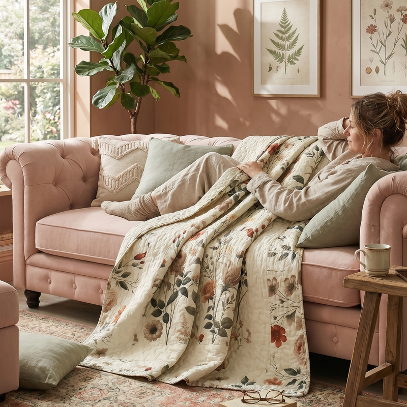 DaDa Bedding Collection Enchanted Meadow Reversible Floral Cozy Lightweight Lap Throw - Perfect for Couch or Bed, Beige Victorian Garden Pallete, All-Season Comfort, Machine Washable, 50x60 Inches