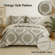 Bedding set with vintage pattern in a bedroom setting, featuring soft, breathable fabric.