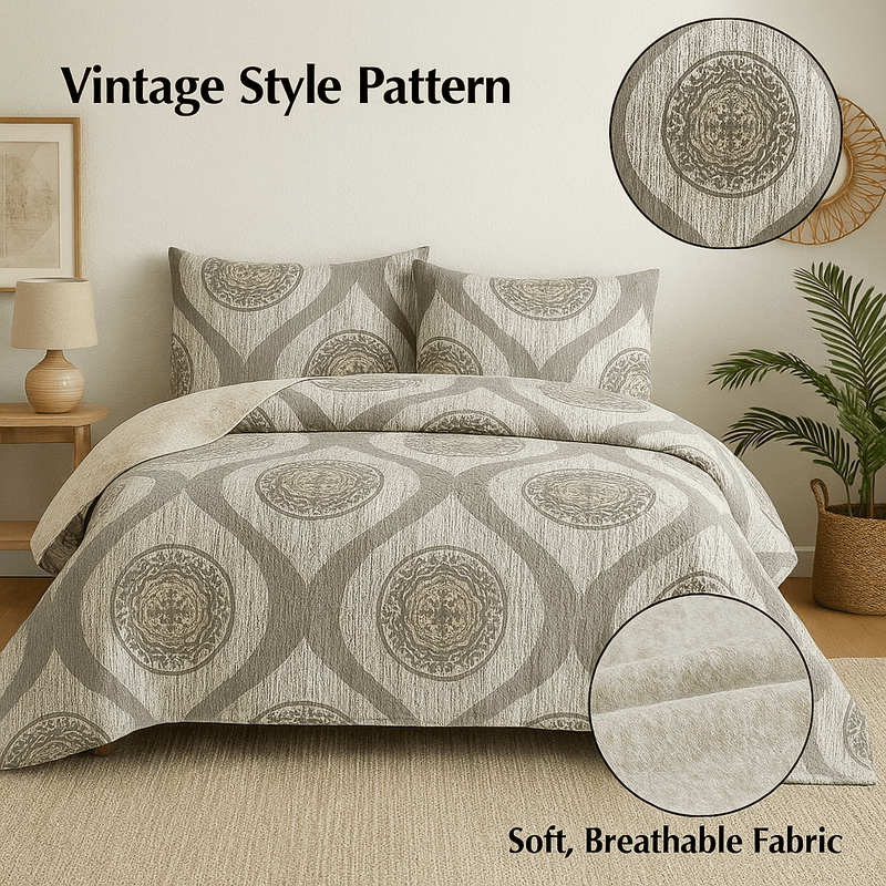 Bedding set with vintage pattern in a bedroom setting, featuring soft, breathable fabric.
