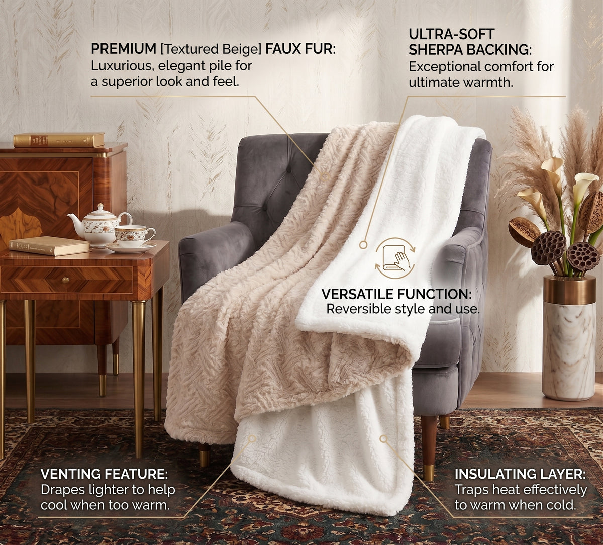DaDalogy Bedding Champagne Ivory Faux Fur Throw Blanket - Dreamy Gold Geometric Embossed Sherpa Backside - Super Soft Warm Cozy Plush Fluffy