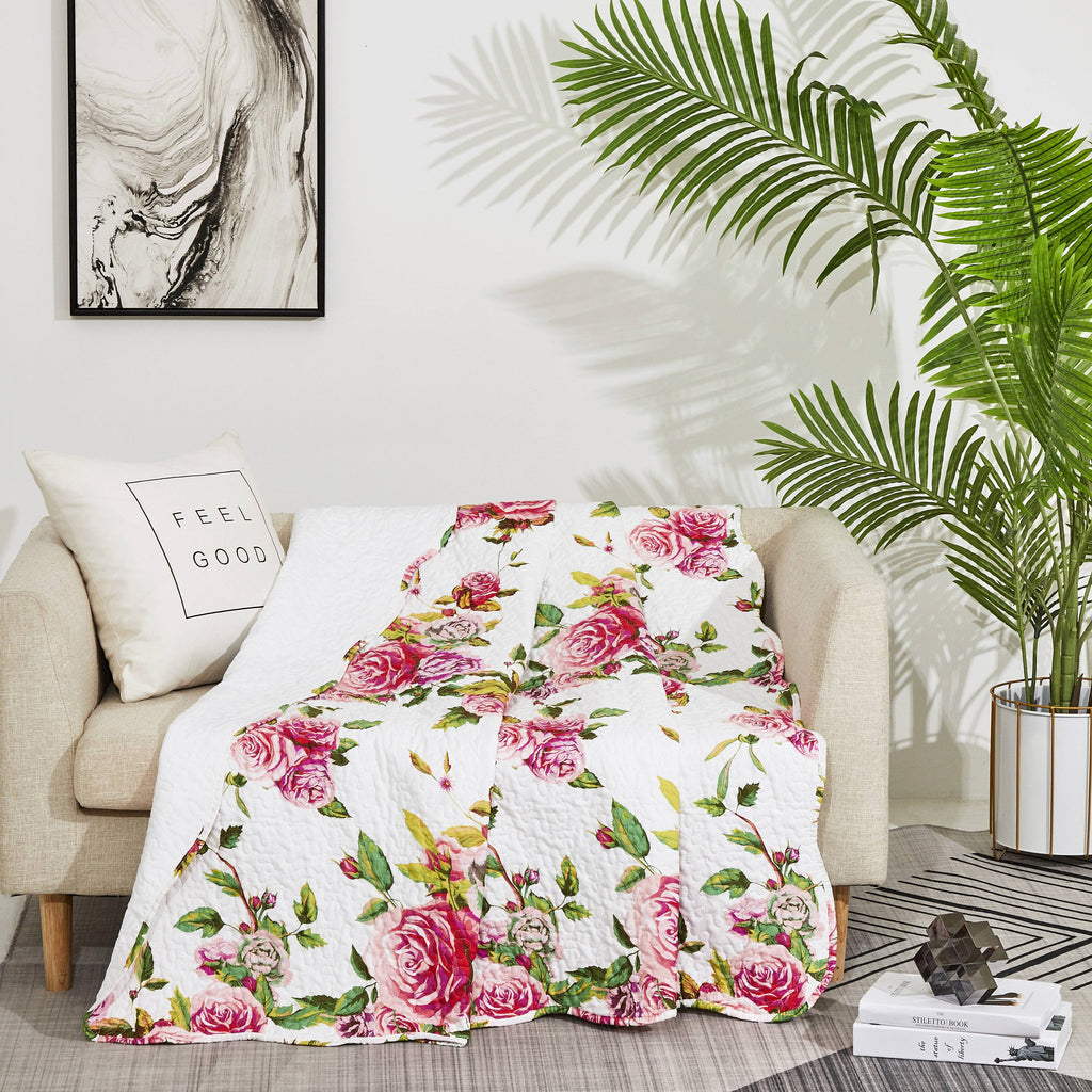 DaDa Bedding Romantic Roses Floral Throw Blanket - Lovely Spring Pink & White Scalloped Colorful Lightweight Breathable - Bright Vibrant Quilted Throw Blanket - 50 x 60 - DaDa Bedding Collection