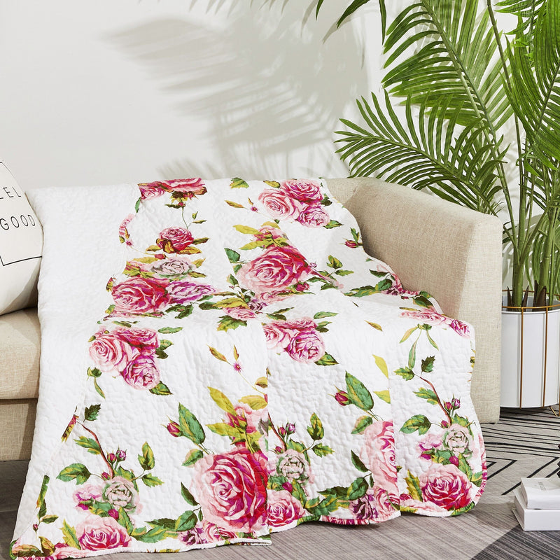 DaDa Bedding Romantic Roses Floral Throw Blanket - Lovely Spring Pink & White Scalloped Colorful Lightweight Breathable - Bright Vibrant Quilted Throw Blanket - 50 x 60 - DaDa Bedding Collection