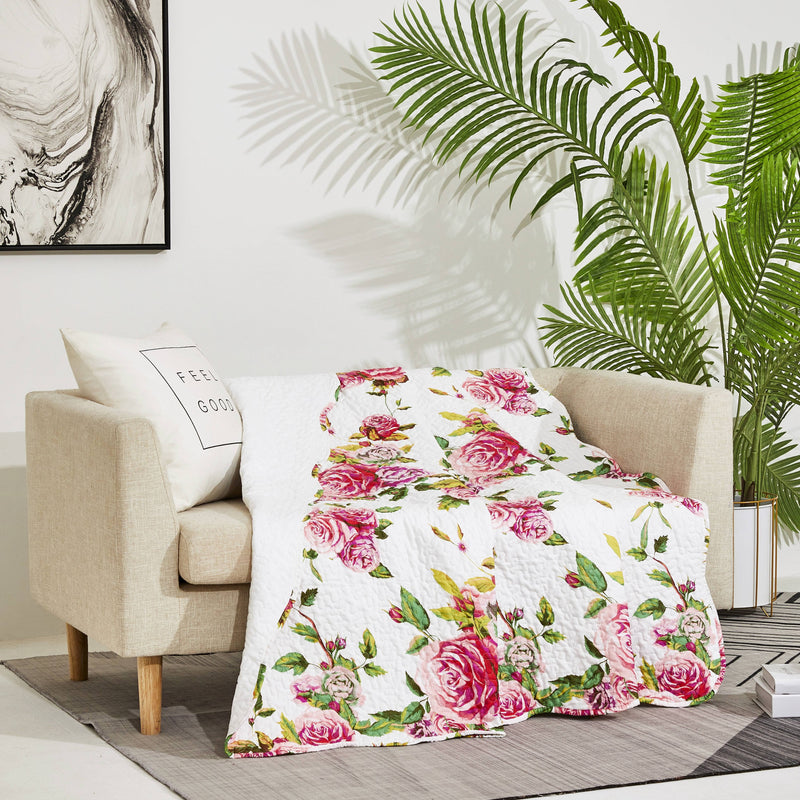 DaDa Bedding Romantic Roses Floral Throw Blanket - Lovely Spring Pink & White Scalloped Colorful Lightweight Breathable - Bright Vibrant Quilted Throw Blanket - 50 x 60 - DaDa Bedding Collection