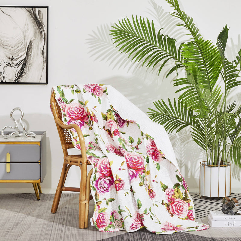 DaDa Bedding Romantic Roses Floral Throw Blanket - Lovely Spring Pink & White Scalloped Colorful Lightweight Breathable - Bright Vibrant Quilted Throw Blanket - 50 x 60 - DaDa Bedding Collection