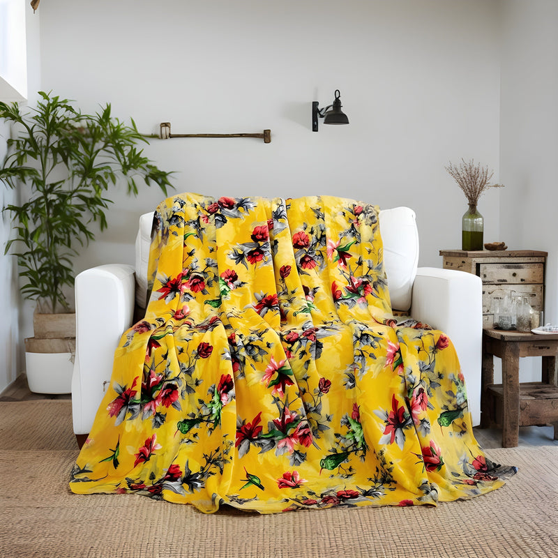 DaDa Bedding Yellow Farmhouse Rustic Spring Floral Hummingbirds Soft Fleece Throw Blanket (925) - DaDa Bedding Collection