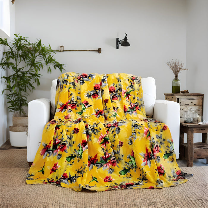 Throw Blankets - DaDa Bedding Yellow Farmhouse Rustic Spring Floral Hummingbirds Soft Fleece Throw Blanket (925)