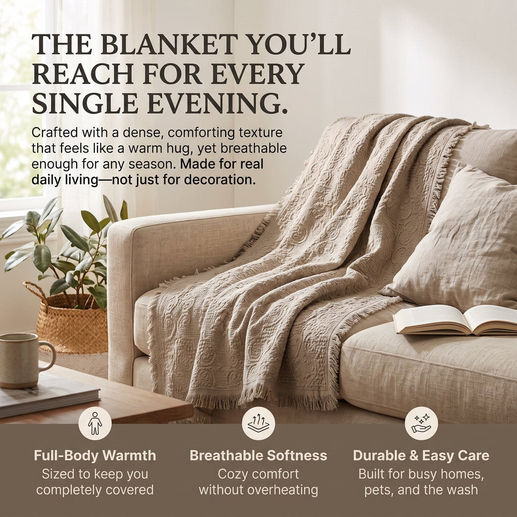Fringed Cotton Quilted Throw Blanket - Solid Paisley Pattern, Lap Throw, Perfect for Couch or Bed, Neutral Sandy Taupe Tan Beige, 50x60 Inches