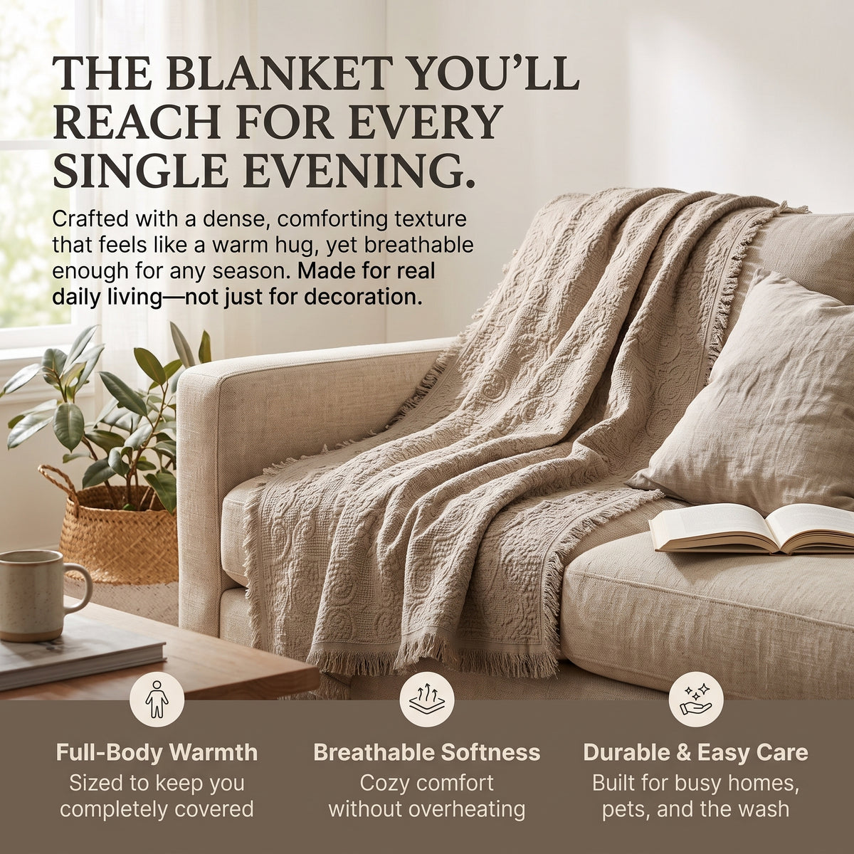 DaDa Bedding Elegant Fringed Cotton Quilted Throw Blanket - Luxurious Solid Soft Paisley Pattern, Cozy Lightweight Lap Throw, Perfect for Couch or Bed, Neutral Sandy Taupe Tan Beige, 50x60 Inches