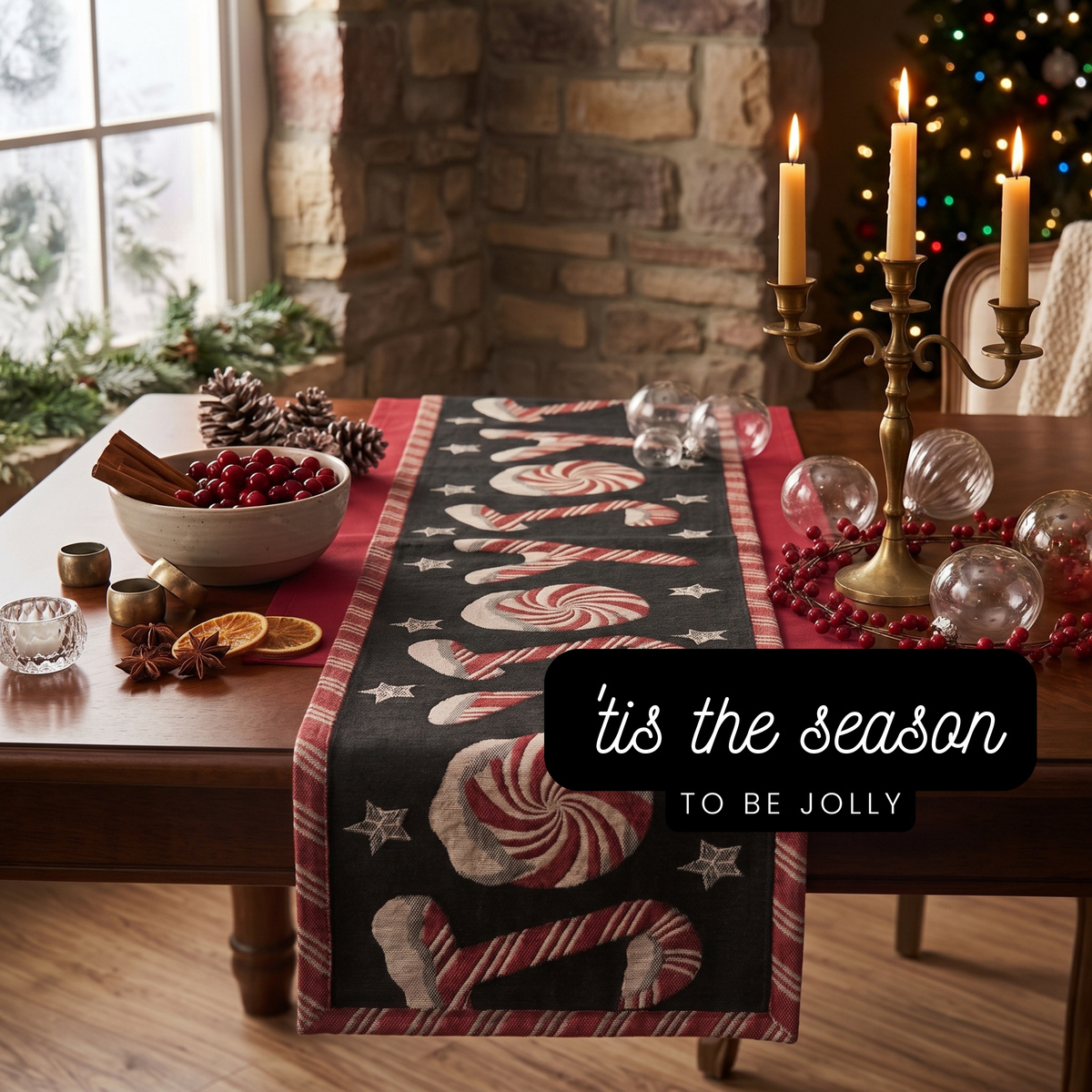 DaDa Bedding Peppermint Joy Red Black Holiday Tapestry Dining Table Runner (12904)