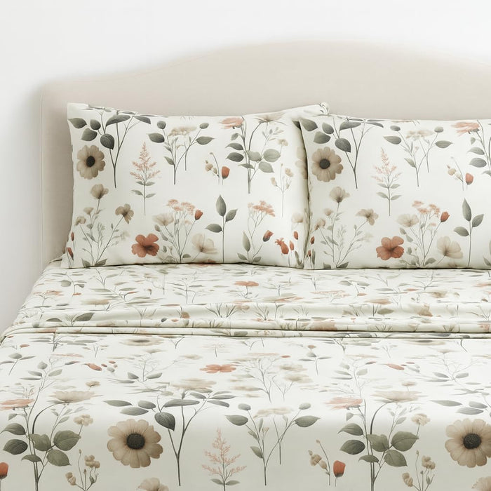 DaDalogy Enchanted Meadow Bed Sheet Set - Floral Harmony in Beige, Rose, and Soft Green, Premium Soft Microfiber, Machine Washable, Deep Pocket 14 - 15 Inches + Flat Sheet