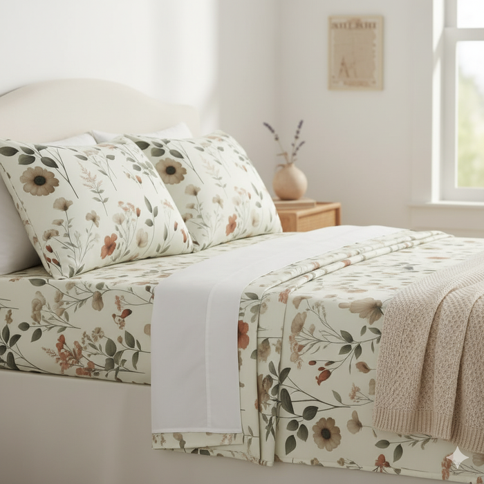 DaDalogy Enchanted Meadow Bed Sheet Set - Floral Harmony in Beige, Rose, and Soft Green, Premium Soft Microfiber, Machine Washable, Deep Pocket 14 - 15 Inches + Flat Sheet