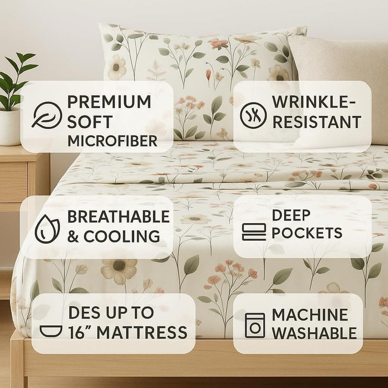 DaDalogy Enchanted Meadow Bed Sheet Set - Floral Harmony in Beige, Rose, and Soft Green, Premium Soft Microfiber, Machine Washable, Deep Pocket 14 - 15 Inches + Flat Sheet