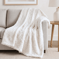 A plush white sherpa throw blanket draped over a light gray sofa in a styled living room setting next to a wooden side table with a white lamp.