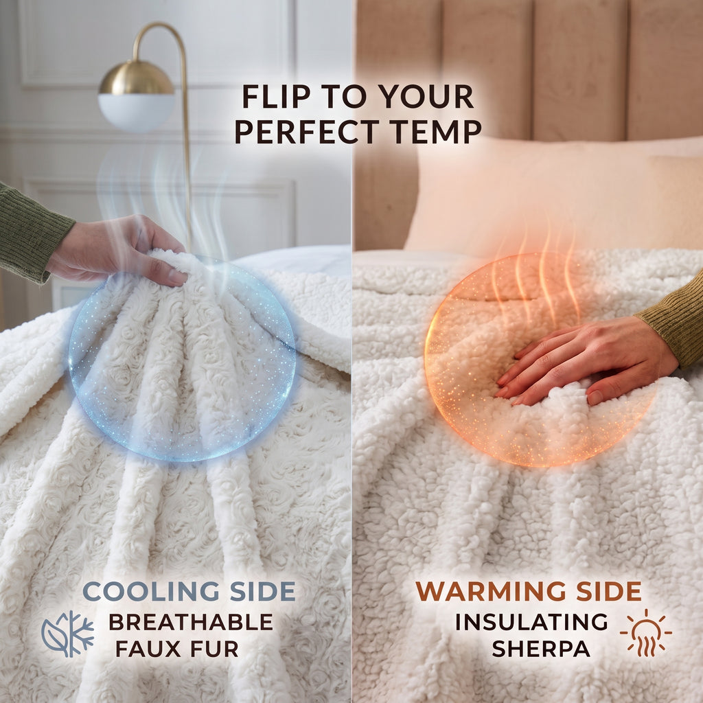 A split-screen comparison showing a sherpa fleece blanket with two sides: a cooling side made of breathable faux fur with a blue steam graphic, and a warming side made of insulating sherpa with an orange heat graphic. Text reads 'FLIP TO YOUR PERFECT TEMP', 'COOLING SIDE BREATHEABLE FAUX FUR', and 'WARMING SIDE INSULATING SHERPA'.