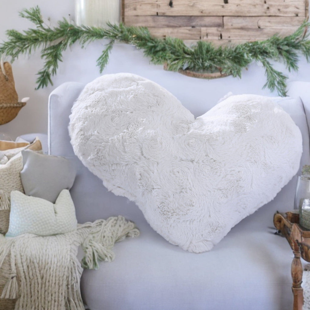 DaDa Bedding White Luxury Roses Romantic Plush Stuffed Heart Throw Pillow - 16” x 14” - DaDa Bedding Collection