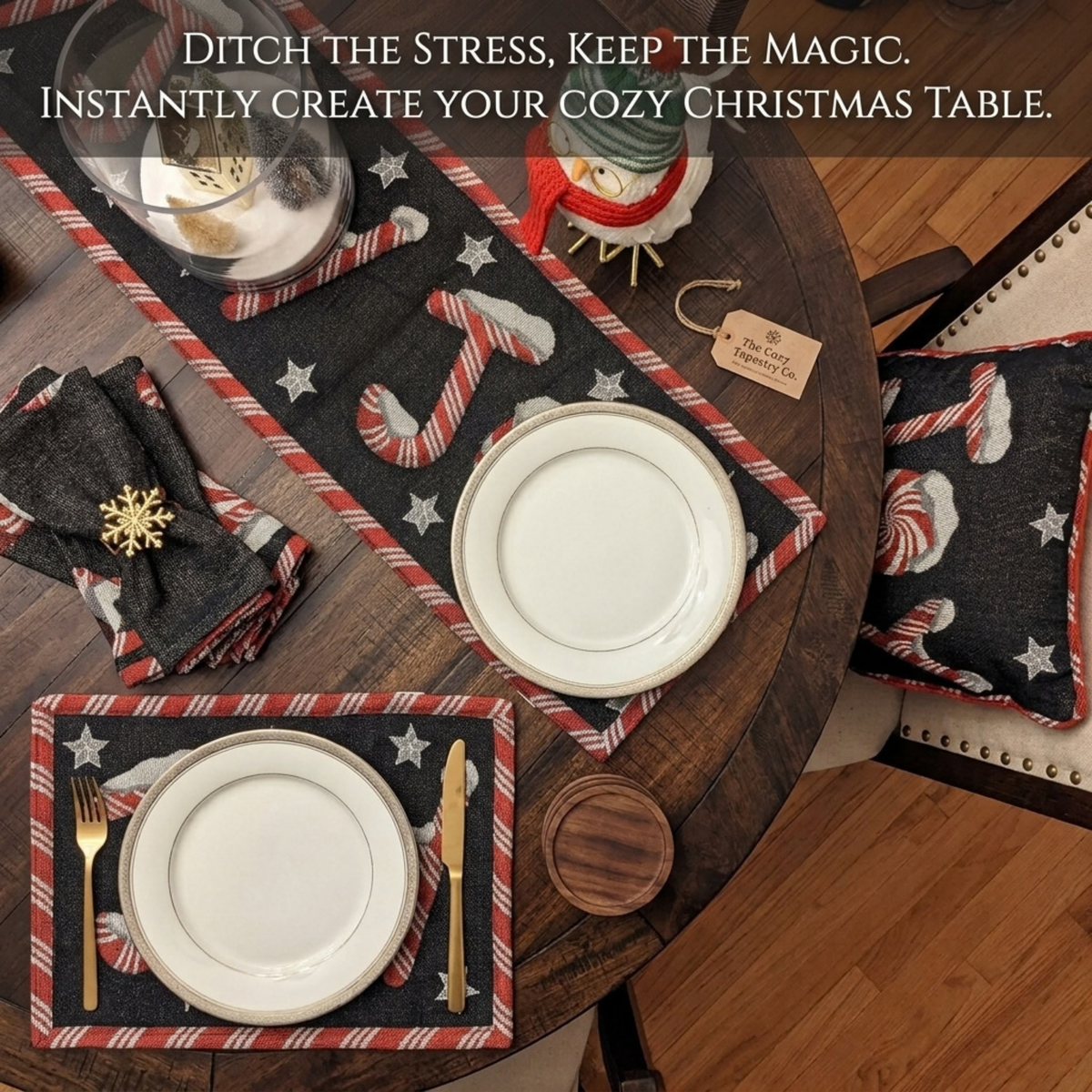 DaDa Bedding Peppermint Joy Red Black Holiday Tapestry Dining Table Runner (12904)