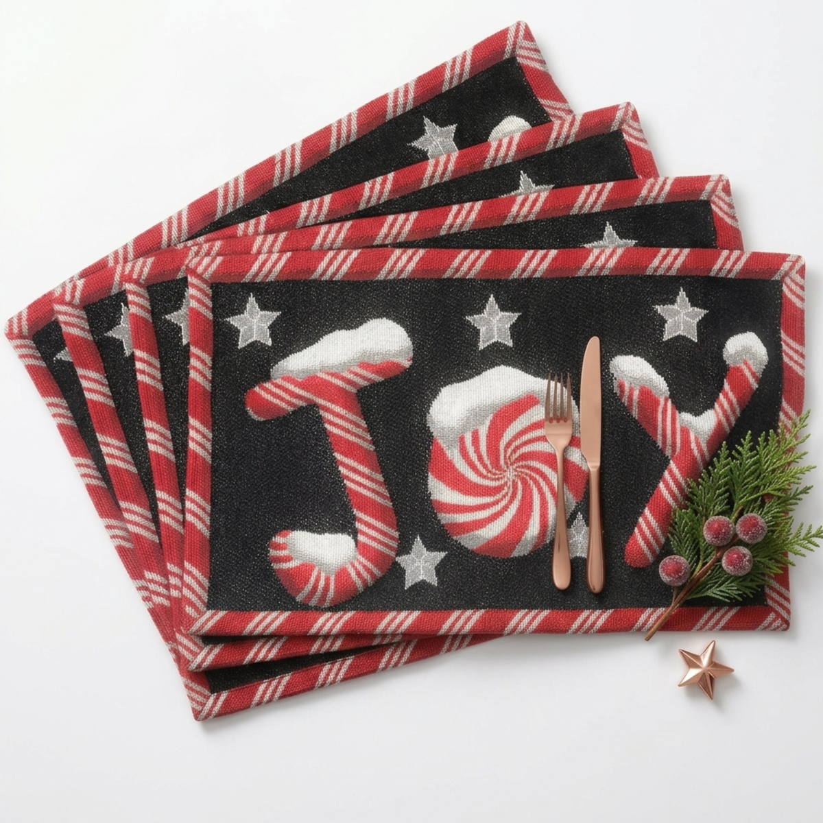 woven tapestry placemat set candy cane festive christmas
